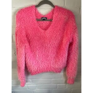 Freshman Fuzzy Knit Cropped Sweater Hot Pink V Neck Long Sleeve Women Size S